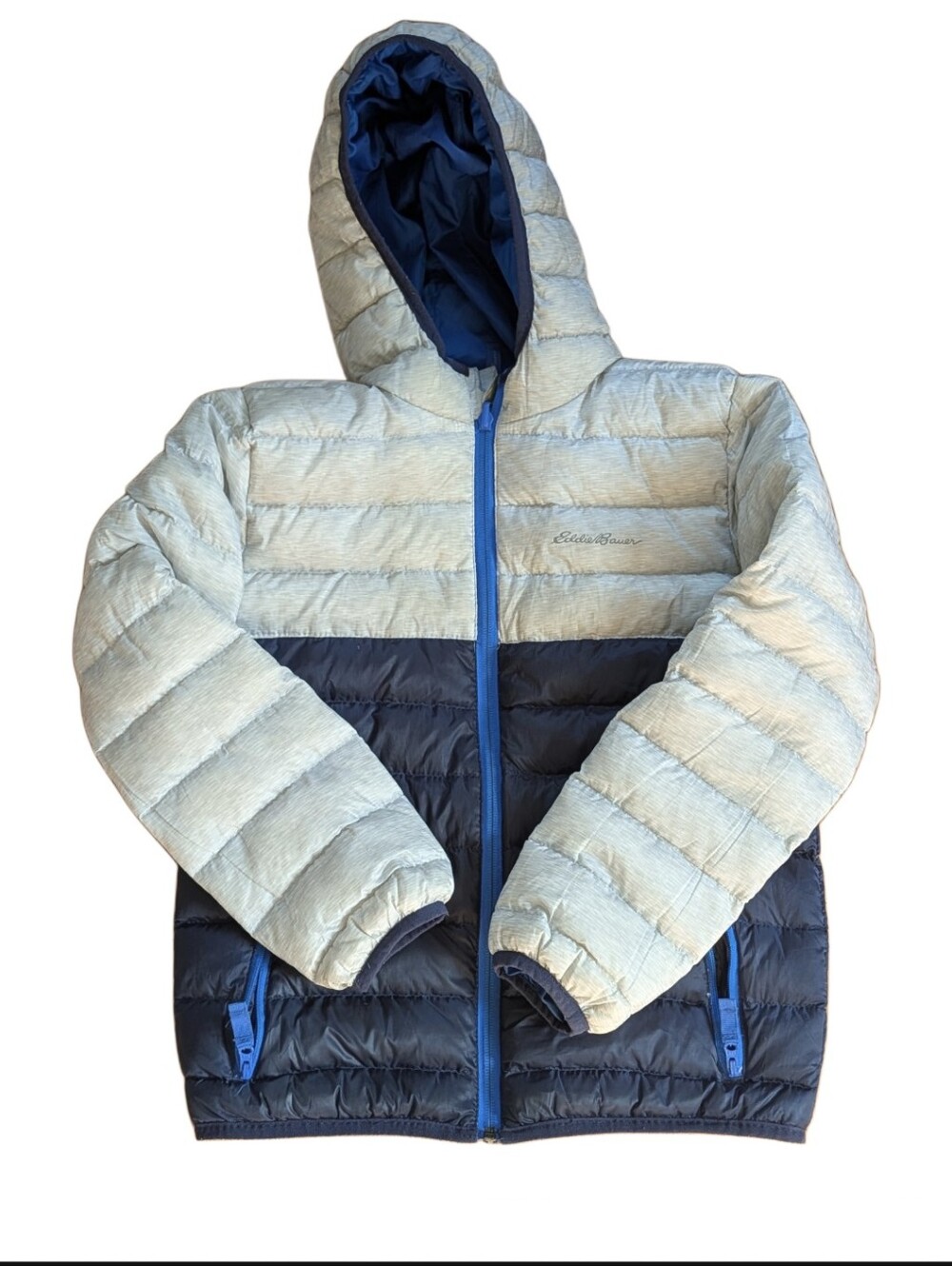 Eddie Bauer Boys Small 7/8 Duck Down Blue Gray Reversible Fall Winter Jacket